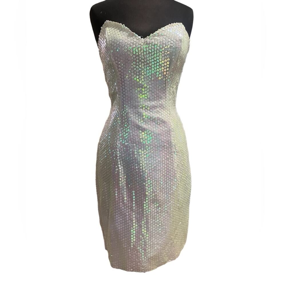 Vtg White Iridescent Sequin Sweetheart Glam Mermaid Cocktail Dress